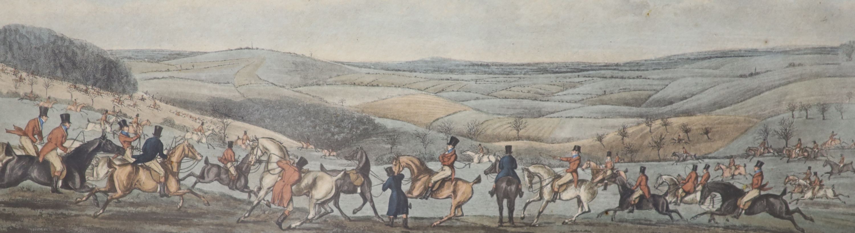 Sutherland after Alken, a set of four coloured engravings, The Leicestershire Covers, hunting scenes, 19 x 53cm, eglomise framed